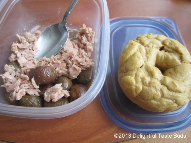 3 oz skipjack light tuna, chestnuts and homemade pumpkin rice donut bread as my CN starter meal