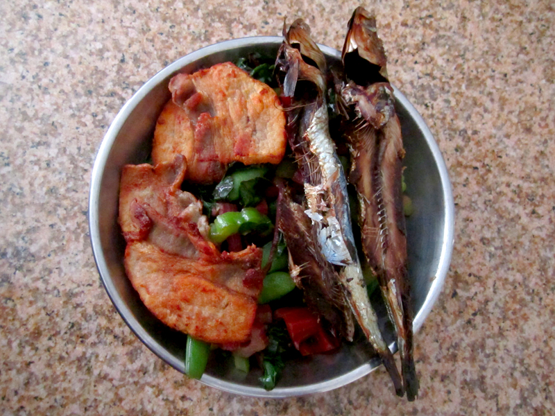 Stir fried mixed veggies (rainbow swiss chard, bittermelon, cabbage), roasted sardines and pan fried pork belly