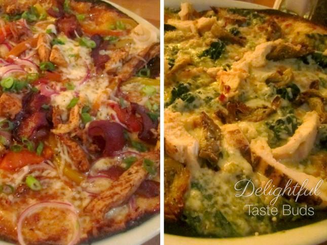 Thin crusted CPK PIzzas  Left: Jamaican Jerk with Chicken Right: Spinach Artichoke with chicken